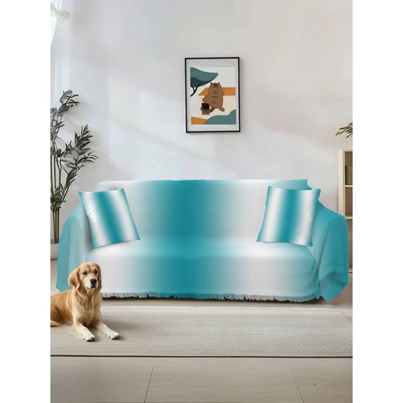 Ombre Turquoise Couch Cover Sofa Covers 3 Cushion Sectional Couch, Gradient White Abstract Minimalist Stripe Washable Sofa Covers Slipcover Sectional Sofa Cover, Furniture Protector 71"x150"