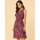thumbnail image 2 of Vestido Allegra K A Media Pierna Sin Mangas Con Cuello Dividido Y Cintura Con Cordón Estampado Borgoña XS, 2 of 6