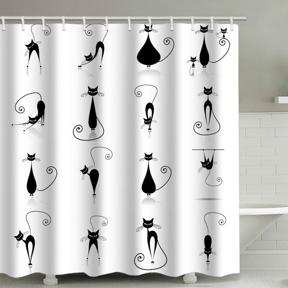 Black Cat Shower Curtain Set 71X71" Fabric Curtains Bathroom Waterproof Liner 