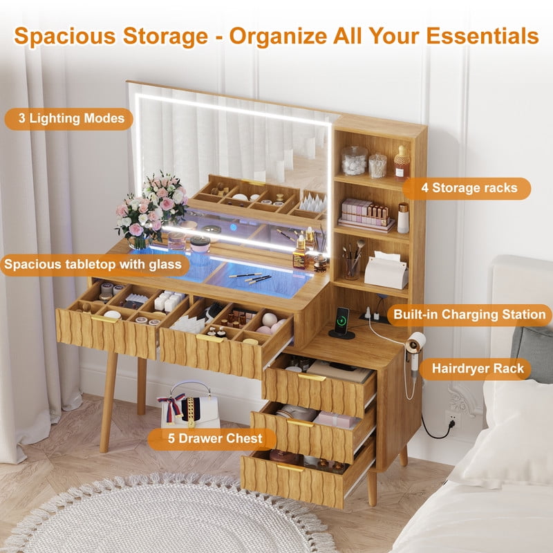 48" Fluted Makeup Vanity Table with 36" LED Mirror & 3 Color Lights Elegant Fluted Vanity Desk with 5 Storage Drawers Open Shelfs Dressing Table with Charging Station & Hair Dryer Rack for Bedroom