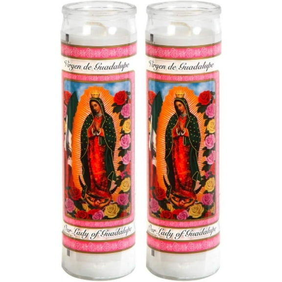 Lady of Guadalupe Candle (2 Pc) Great for Sanctuary Vigils and Prayers - Unscented Glass Candle Set - Jar Candles - Devotional Spiritual Religious Church Cemeteries