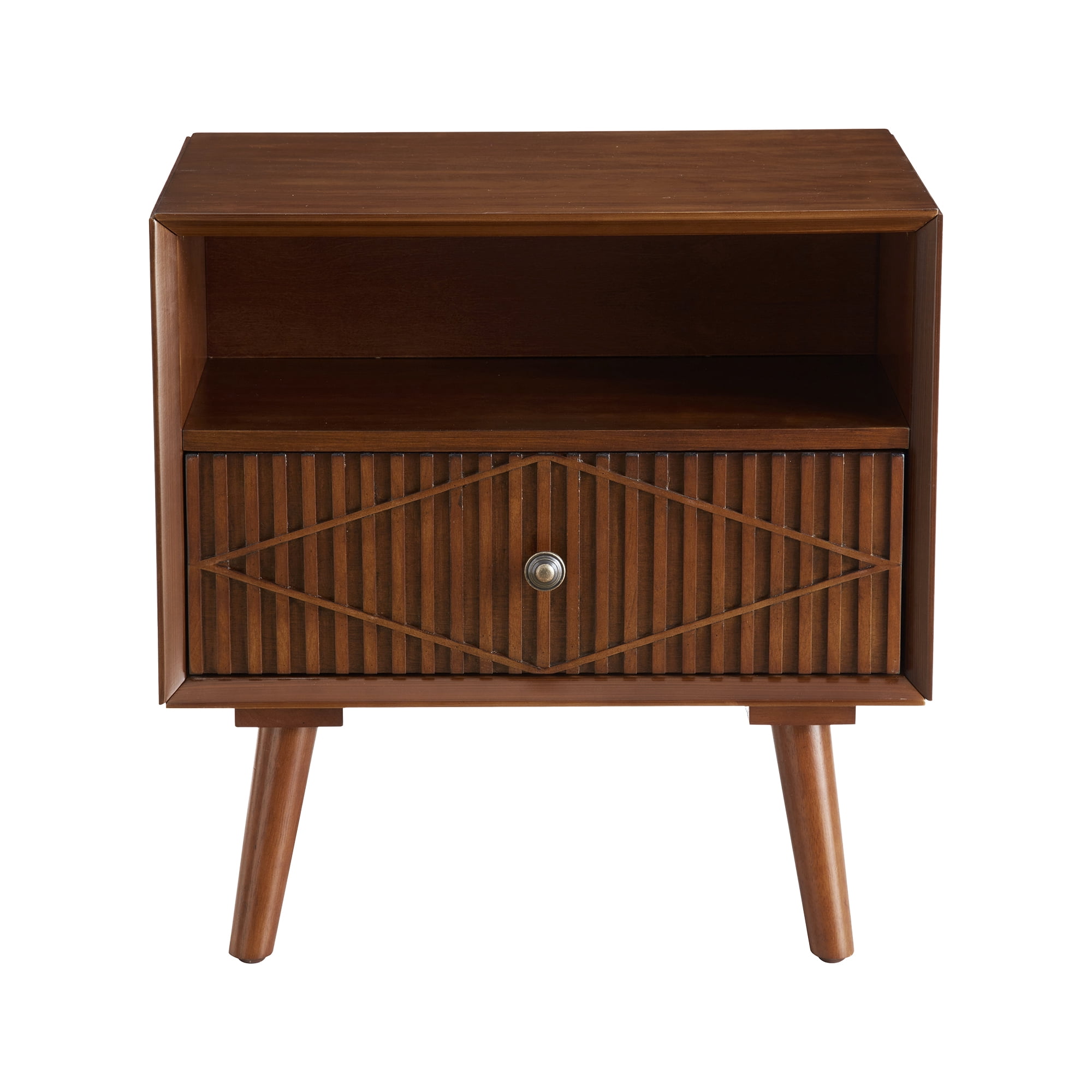 22" Mid-Century Modern Wood Nightstand with Carved Geometric Drawer Front, 1 Drawer and Open Shelf, Solid Wood Legs, Bedside Table for Bedroom
