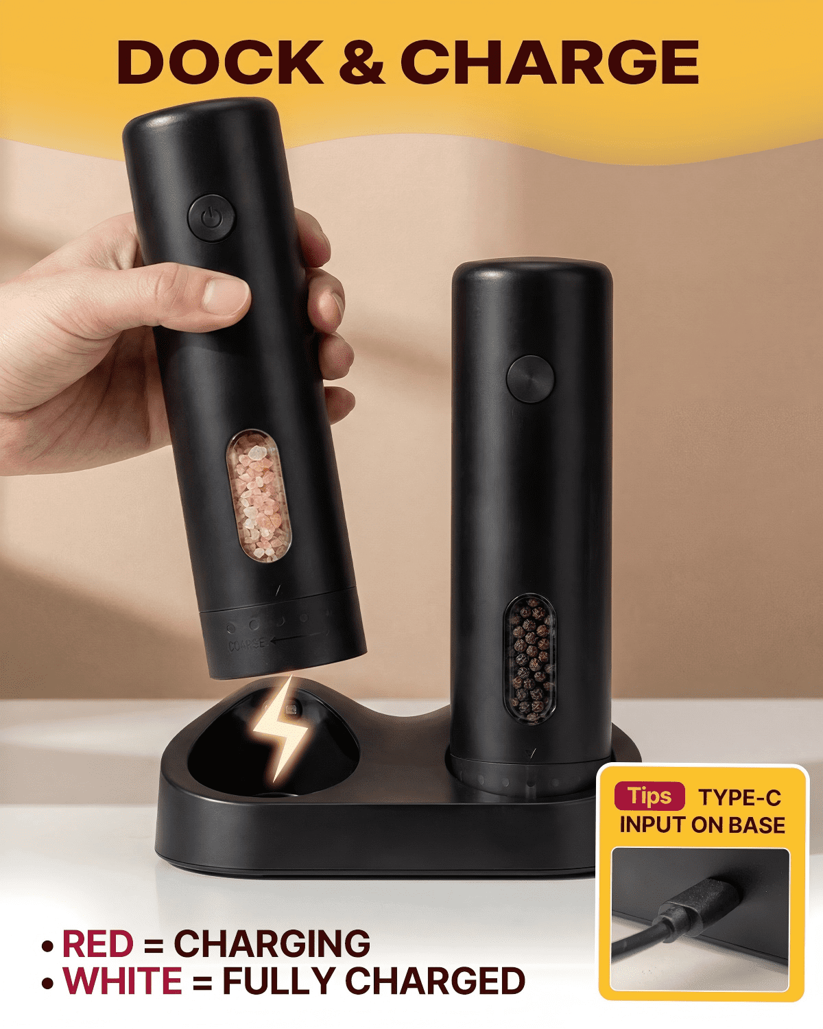 Katbite Electric Salt and Pepper Grinder Set, Usb Charging Base, Button Control, Adjustable Coarseness