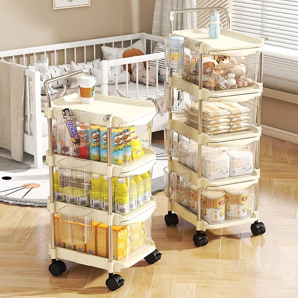 Baby Diaper Caddy Cart Organizer - 4 Tier Plastic Movable Cart with Hanging Basket, Rolling Utility Diaper Storage Caddy for Changing Table & Crib, Nursery, Bedroom