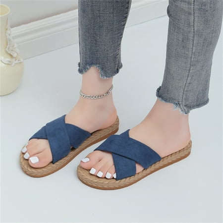 

Ladies Fashion Solid Color Suede Strap Straw Woven Bottom Flat Open Toe Slippers