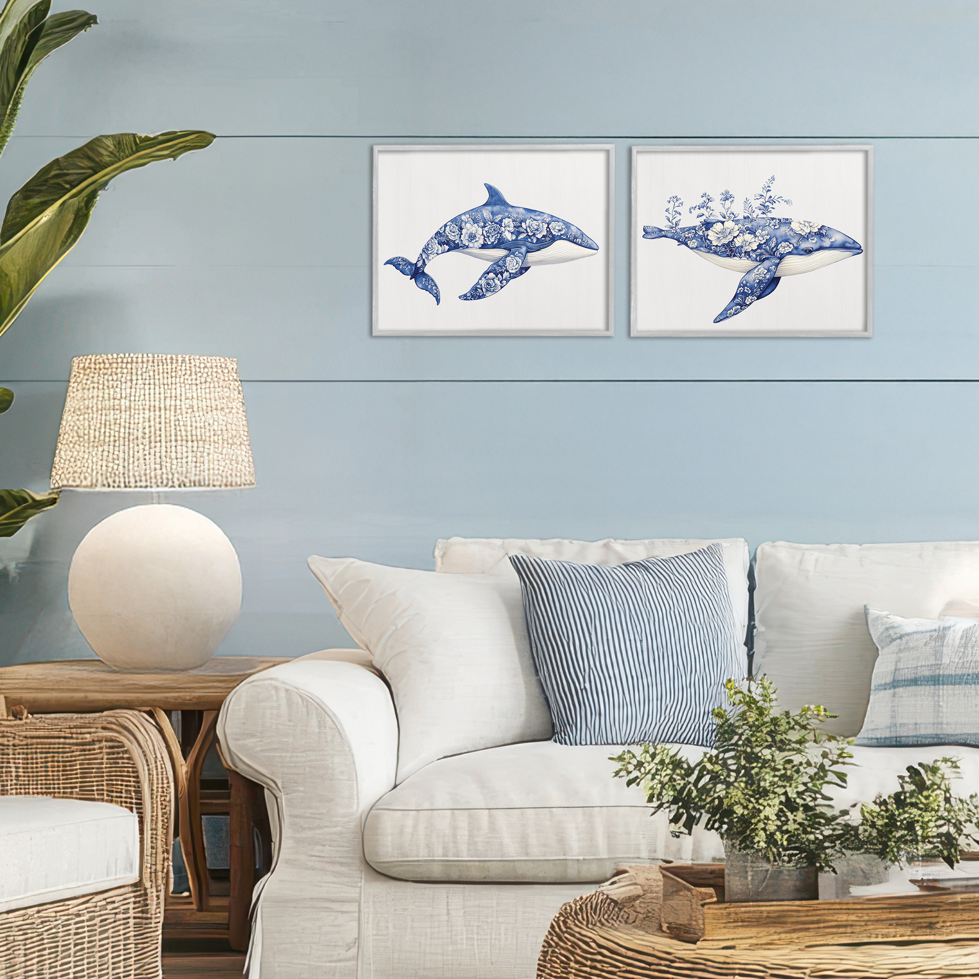 Blooming Toile Pattern Whales 2 Piece Gray Framed Giclee Art Set, design by Lettered and Lined