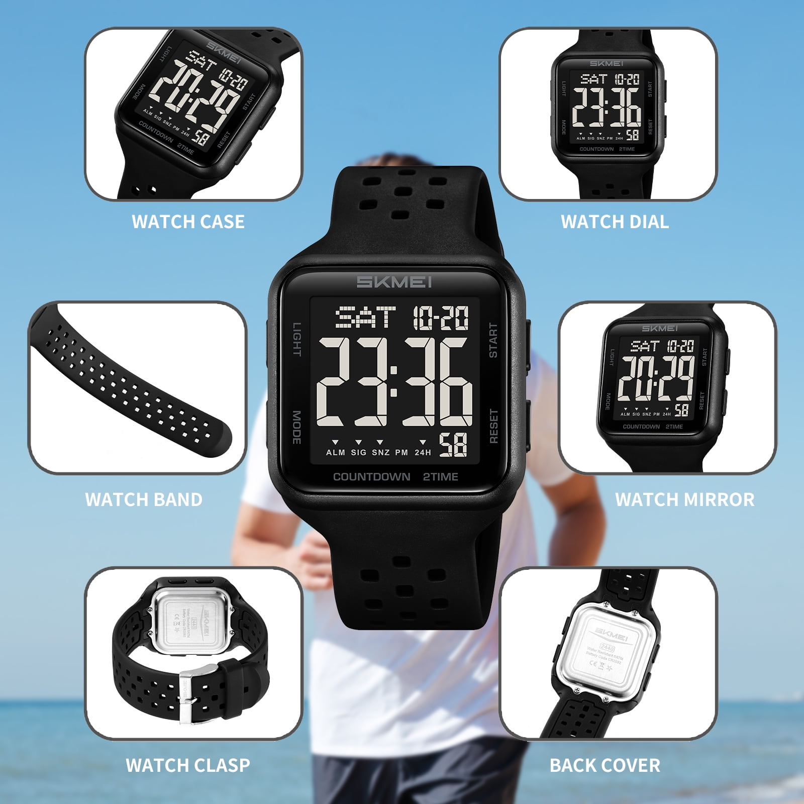 SKMEI Mens Watch Digital Outdoor Sports Waterproof Large Face Wrist Watches for men with LED Back Ligh/Alarm/Stopwatch