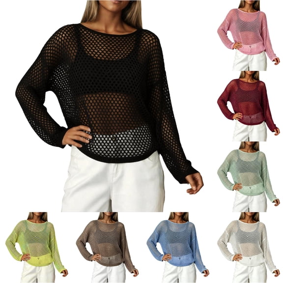 XIAONU Open Knit Sheer Pullover Sweater for Women Long Sleeve Crew Neck Casual Lightweight Loose Top