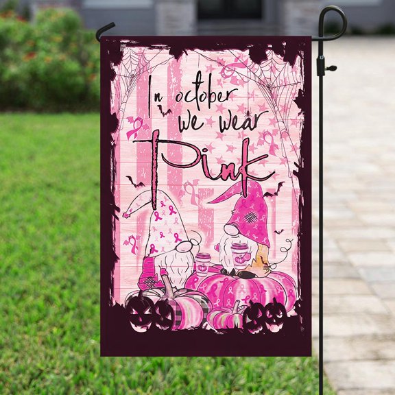 Flagwix Breast Cancer Decoration, Pumpkin Gnomes. In October We Wear Pink. Breast Cancer Awareness Flag - Garden Flag (12x18)