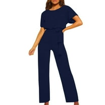 cfhntfmh Jumpsuit for Women Loose Crewneck Short Sleeve Lounge Rompers Fashion Belted Straight Leg Pant Outfits