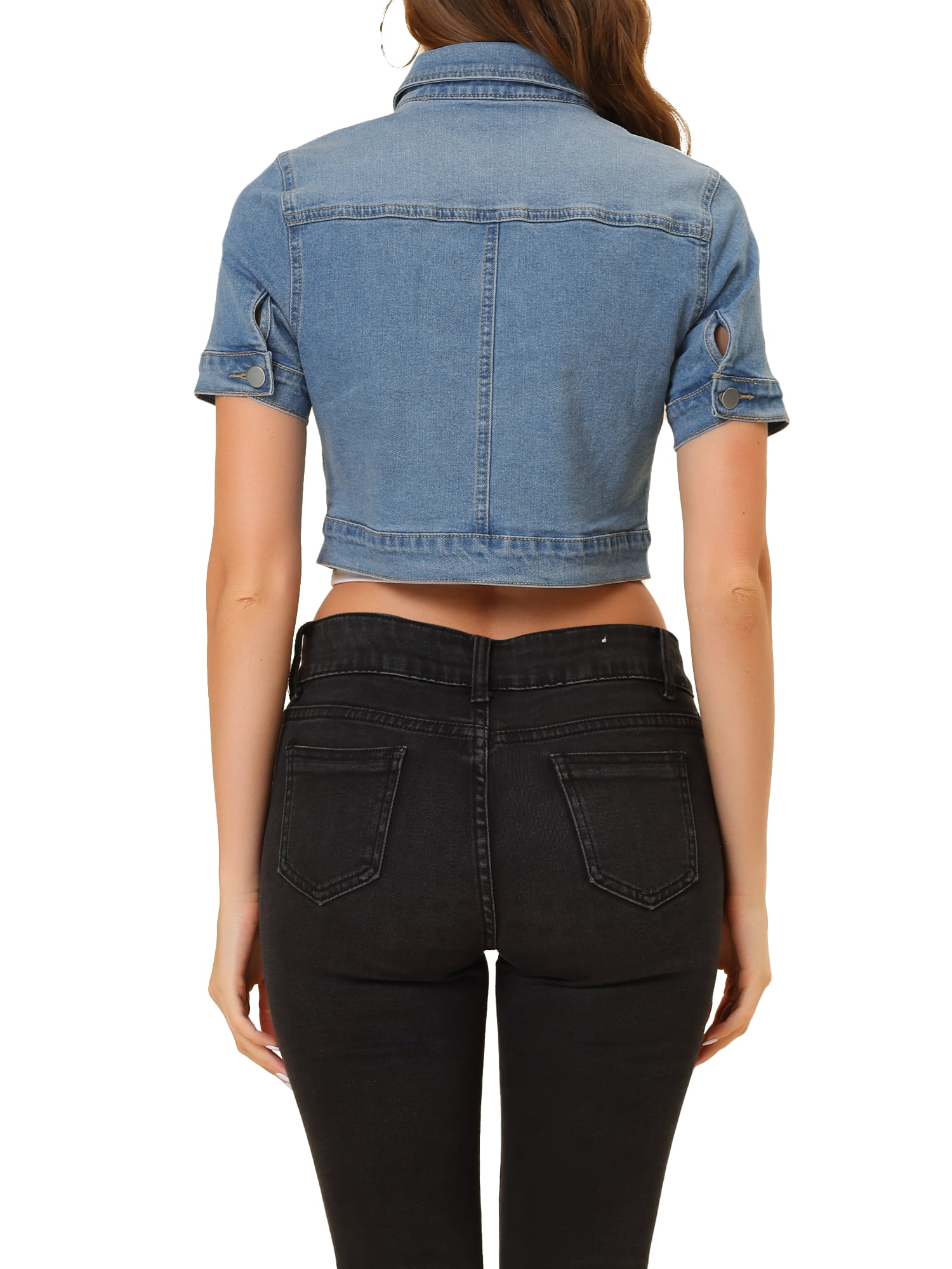 DARING DIVA Women's Short Sleeves Crop Button Down Denim Jacket M Light Blue