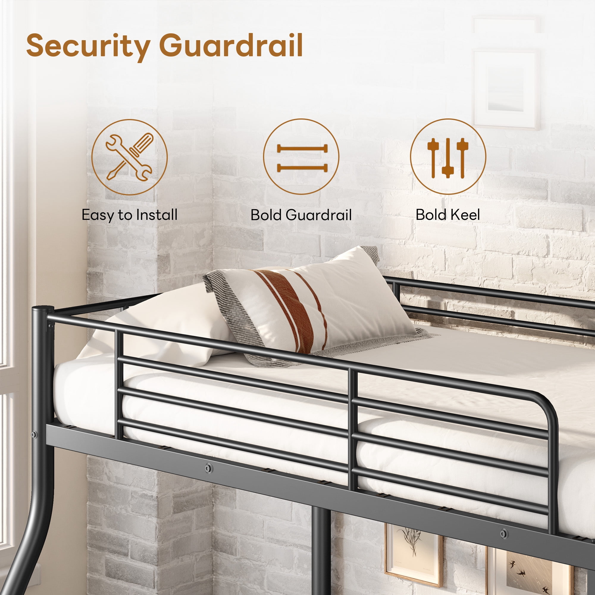 Twin over Full Bunk Bed for All Ages, Heavy Duty 500 lbs Capacity Metal Frame, Low Profile with Guardrail and Ladder, No Box Spring, Easy Assembly for Guest Room Rental, Black