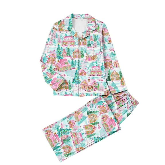 asdoklhq Womens Silk Pajamas Set Ladies' Casual Fashion Christmas Long Sleeved Lapel Set Casual Top Pants Pajama Set Pink M