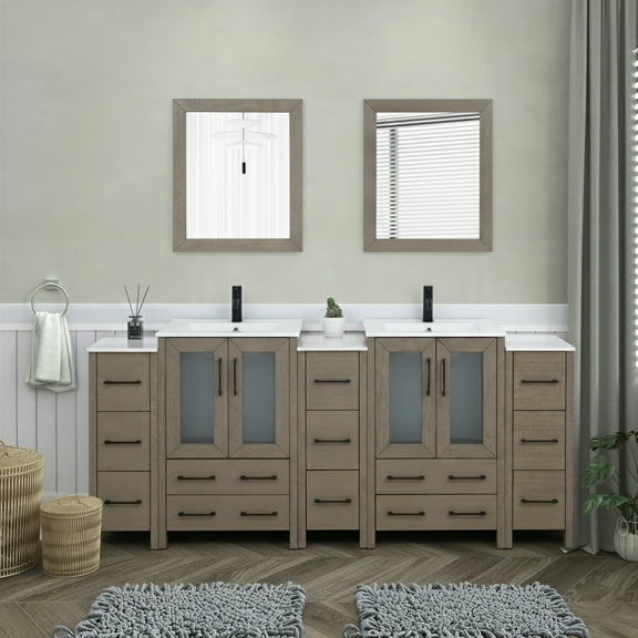 Vanity Art 84" Double Sink Freestanding Bathroom Vanity Set with Ceramic Top and Mirror