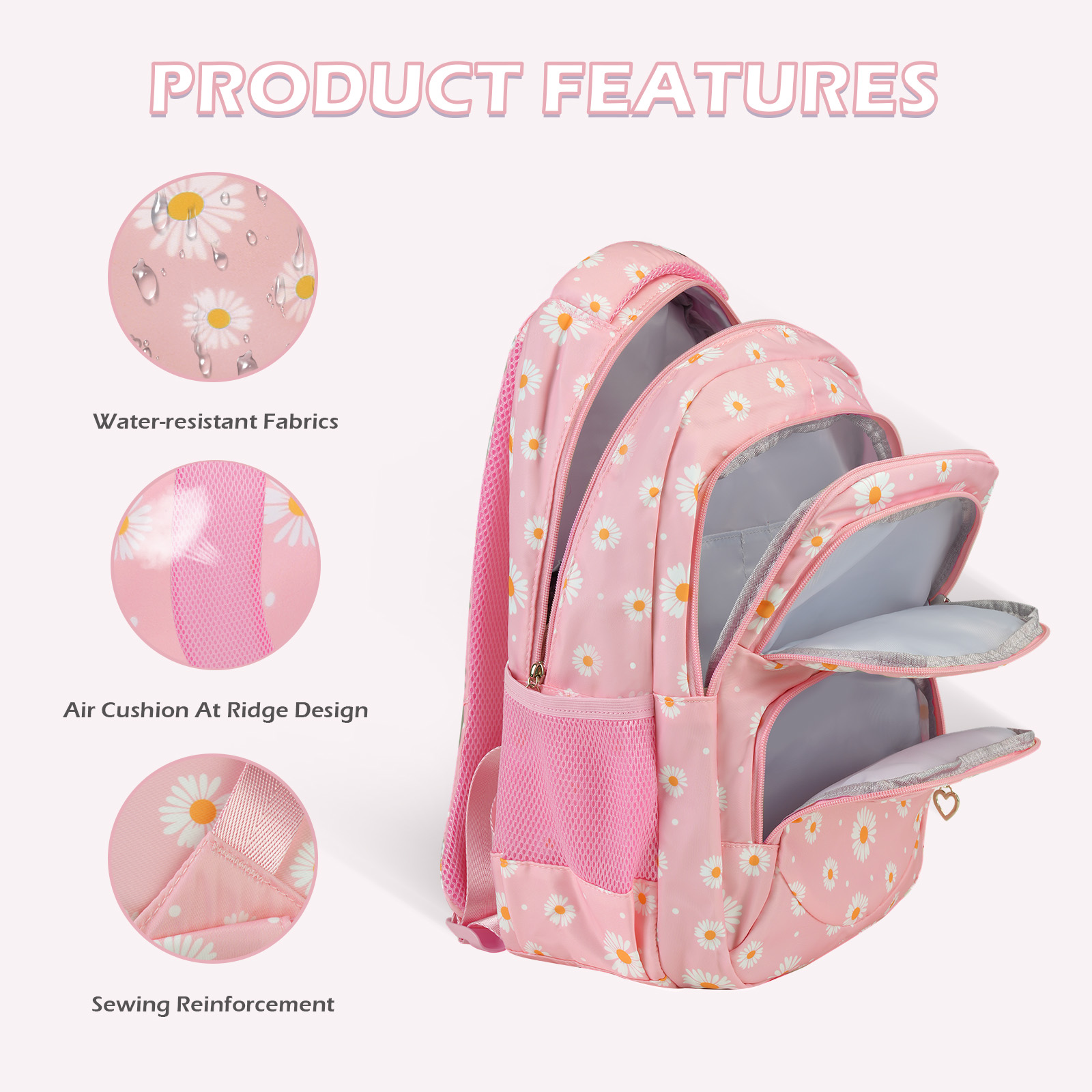 Set de Mochila Teen Forestfish con Lonchera Aislada y Cartuchera, Mochila Escolar de Nylon Resistente al Agua (Daisy A/Rosa) 5