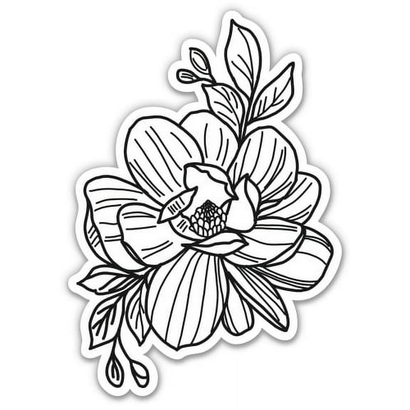 Magnolia Bloom Pretty Simple Black and White - 3" Vinyl Sticker - For Car Laptop I-Pad Phone Helmet Hard Hat - Waterproof Decal
