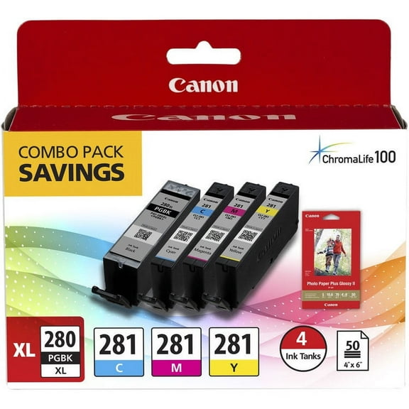 Canon PGI-280 XL / CLI-281 4-Color Tank Combo Pack with 4 x 6" Photo Paper (2021C006)