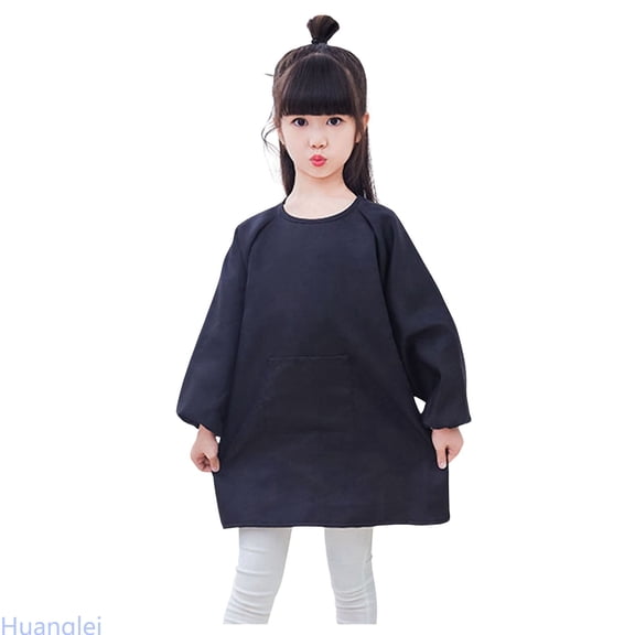 Huanglei Kid Art Smock Solid Color With Pocket Apron For Children Printed Artist Painting Aprons Smocks With Long Sleeve Girl Basic T-Shirts ,4-8 Years ,Black
