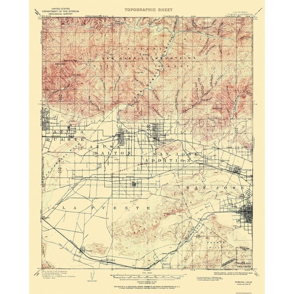 Topographical Map - Pomona California Quad - USGS 1953 - Vintage Wall Art