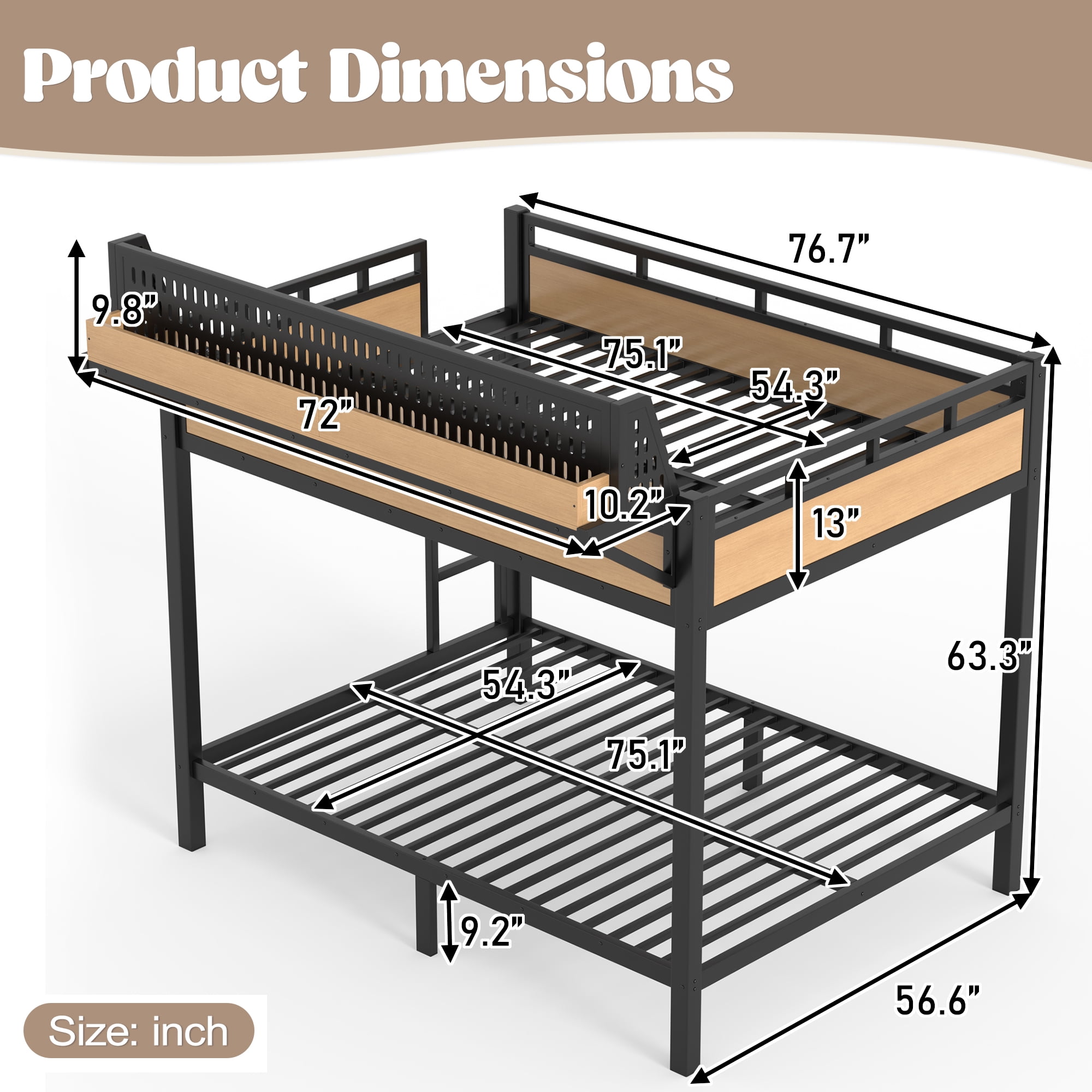 Mintazer Full Over Full Bunk Bed with Storage Shelves and Pegboard, Metal Bunk Bed Frame with LED Lights & Charging Station for Bedroom Guest Room, Black & Brown