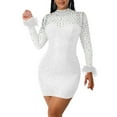 thumbnail image 2 of Viikei Floral Lace Wedding Elegant Chiffon Dress,Women's Fashion Perspective Hot Diamond Sequin Long Sleeve Feather Bag Hip Skirt Nightclub Style Party Mini Dress White S, 2 of 5