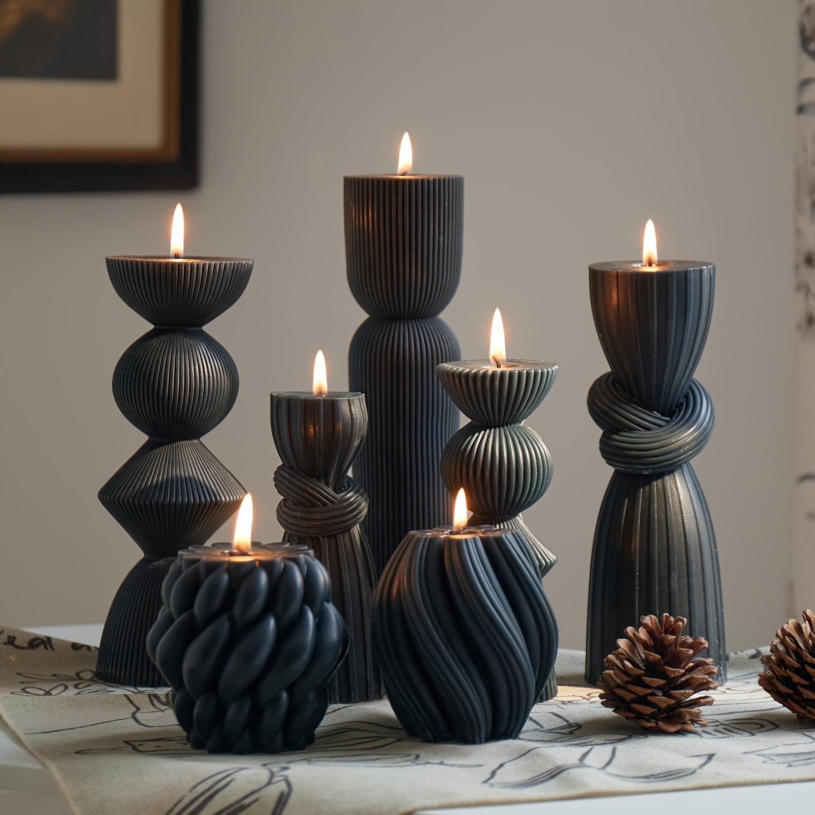 7-Pack Large Ribbed Pillar Candles - Soy Wax Handmade Home Decor Candles For Housewarming Gift, Shelf Decor, Wedding, Dining Table Centerpiece