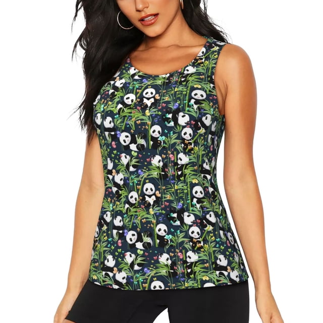 Fotbe Fun Panda Playing With Bamboo Leaves Blusas Sin Mangas para Mujer – Estilo Casual, Corte Suelto, Slim-Fit, Cuello Redondo Deportivo, Tops de Verano para Gimnasio y Yoga-Small
