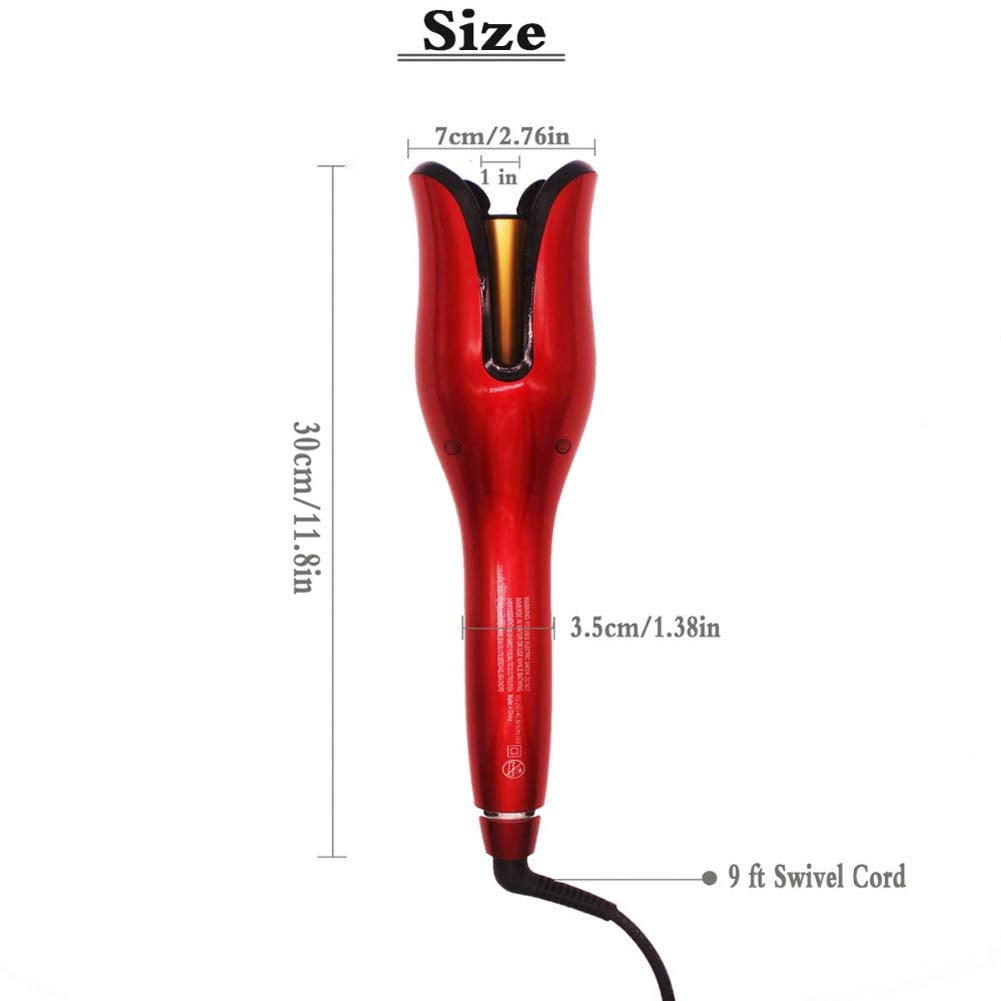 Automatic Curling Iron for Women Long Hair Rotating Automatic Curling Wand Rotate Hair Curler Portable Fast Heating Easy to Use LCD Digital Display (Red)