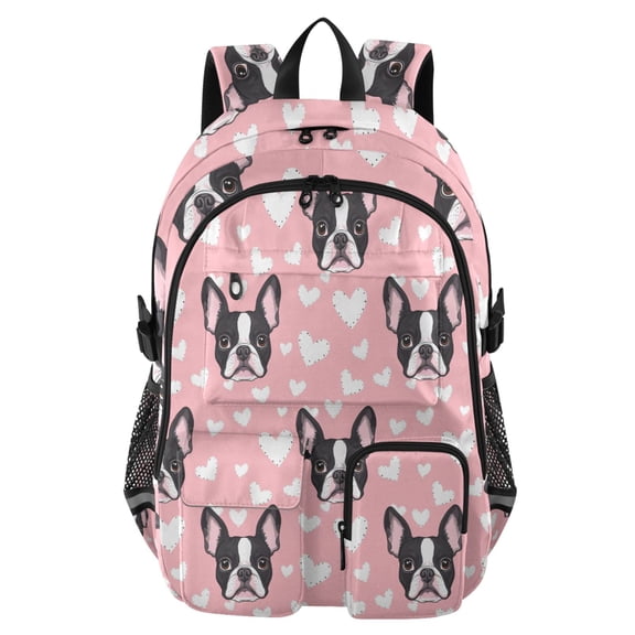 DIXRUYEE Boston Terrier Dog Heart Pattern Backpack for School 14”Laptop Compatible with Reflective Safety Strips