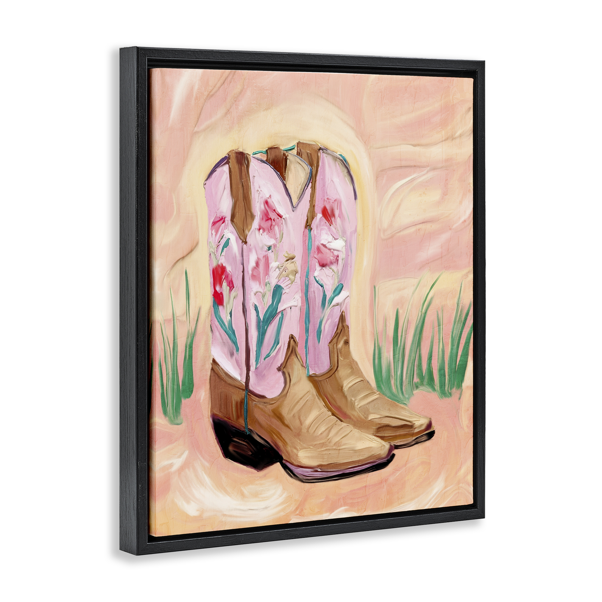 Floral Pinks Boots Black Framed Floater Canvas Wall Art, design by Kim Allen
