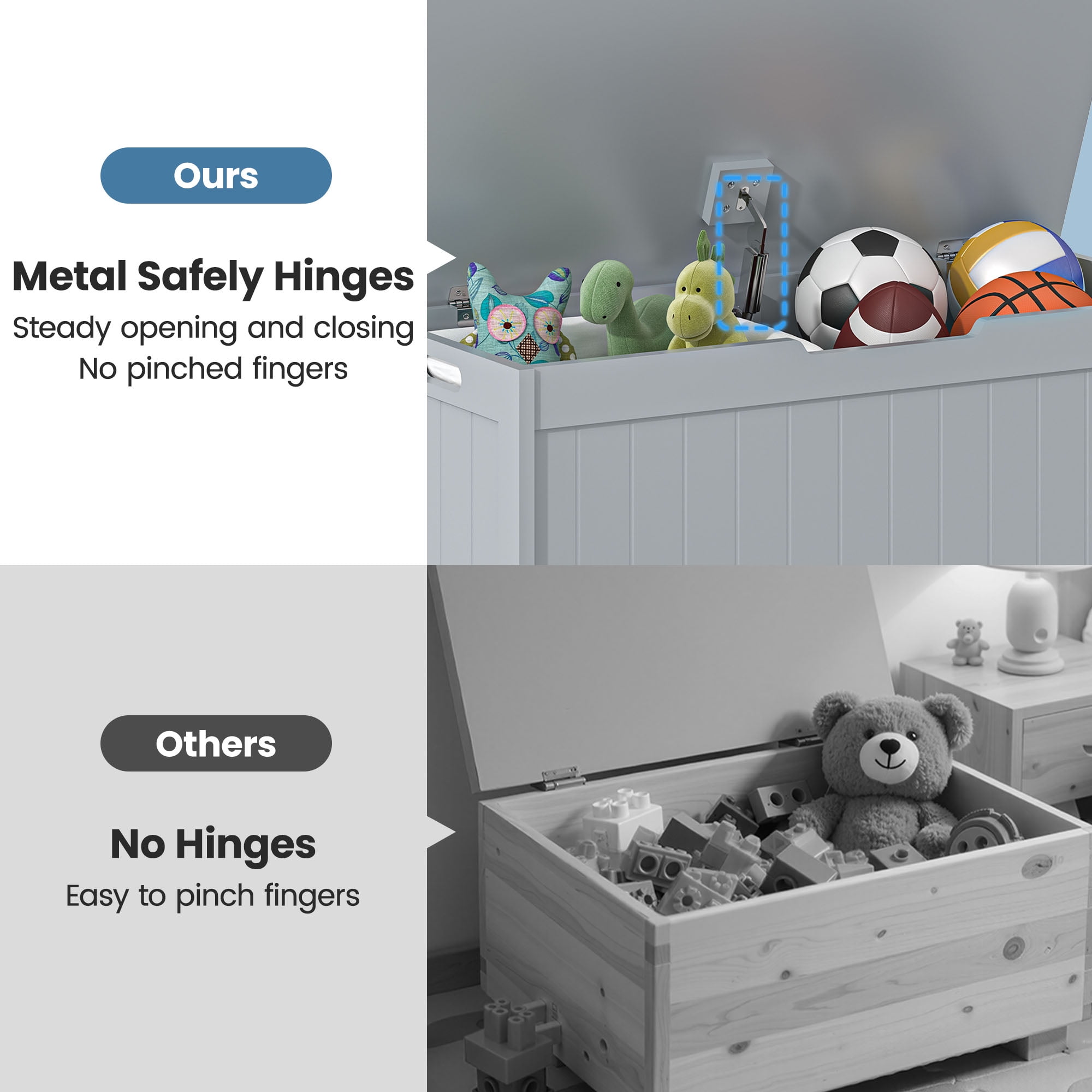 Kids Toy Box, Gray Wooden Toy Chest Organizer with Safety Hinged Lid, Entryway Storage Bench Supports 100 lbs, Toy Storage Chest for Bedroom, Toddler Room, L0293