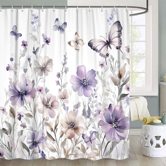 VEIVIAN Purple Floral Shower Curtain, Watercolor Flowers Leaves Butterfly Boho Bathroom Curtain, Farmhous Flower Wildflower Bath Curtain Waterproof Polyester Fabric with 12 Hooks, 72x72 Inch