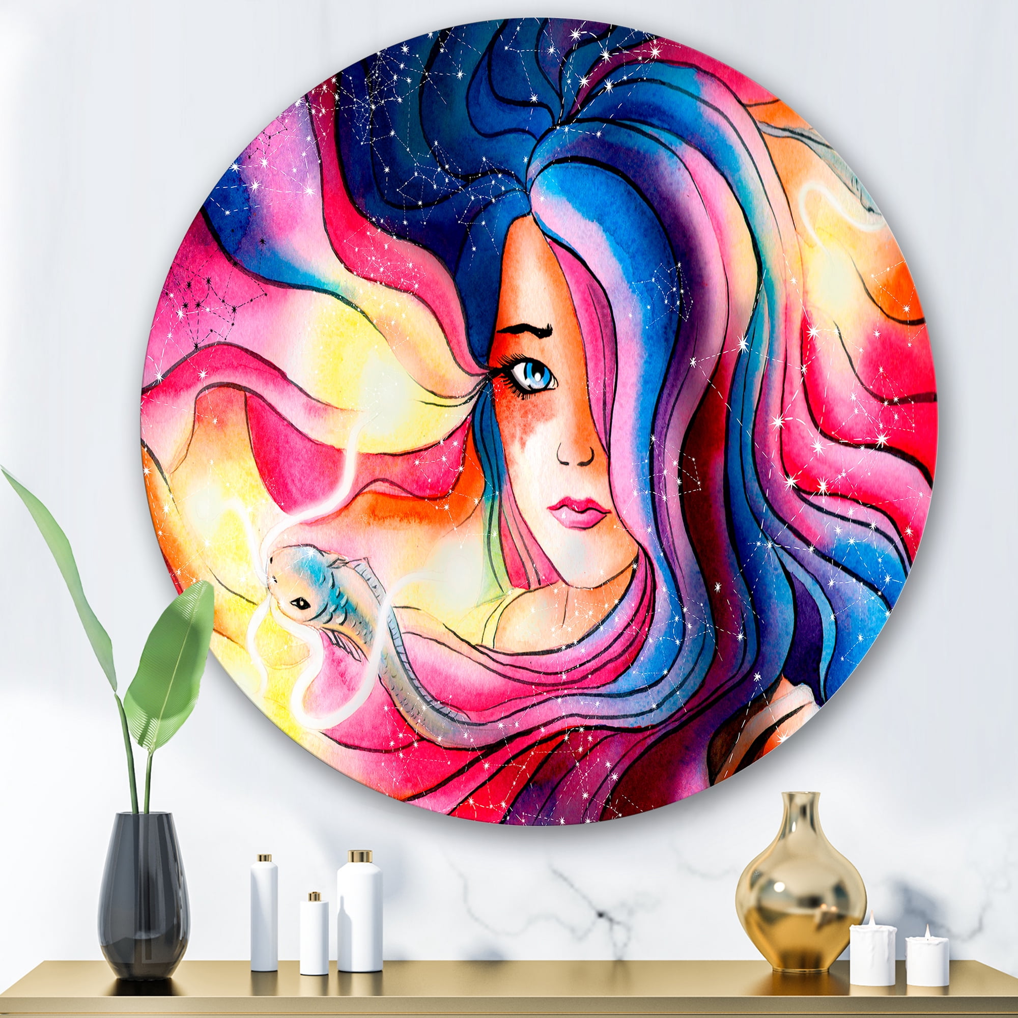 Designart 'The Girl Portrait With The Glowing Hair' Modern Circle Metal Wall Art 36x36 - Disc of 36