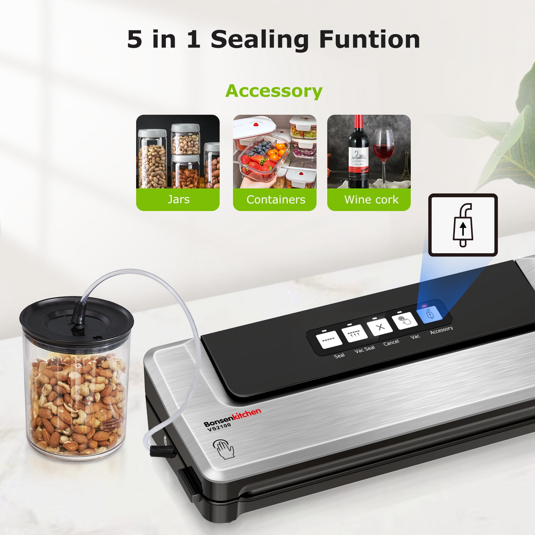 Bonsenkitchen Food Vacuum Sealer Machine with 5 bags, -60Kpa Vacuum Sealer Food Storage Saver