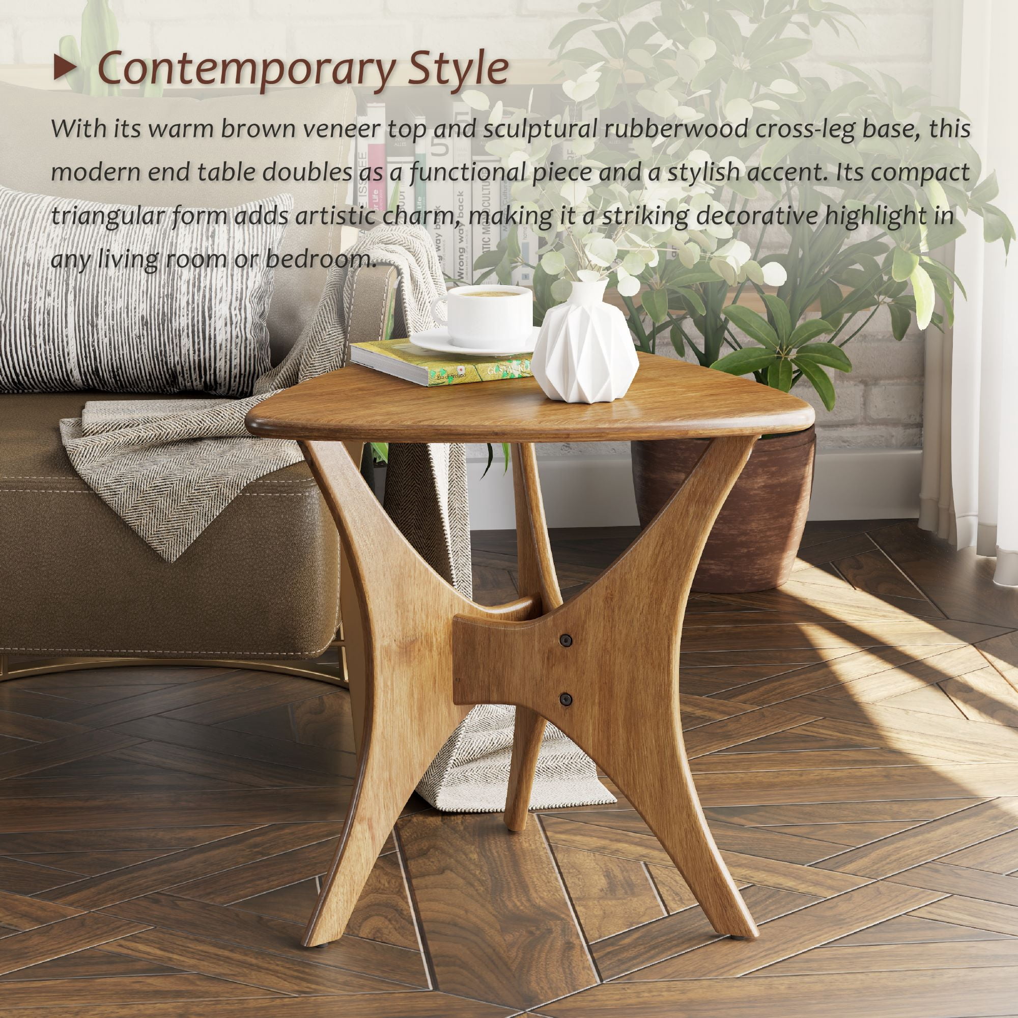 COZAYH Modern Triangle Wood End Table with Cross-Leg Rubberwood Base, Mid-Century Small Accent Side Table for Living Room, Easy Assembly, Natural, Brown