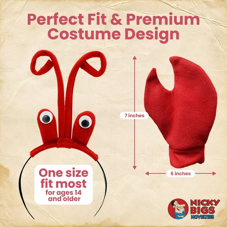 Nicky Bigs Novelties - Lobster Headband with Eyeballs, Adult Crab Costume Women and Men, Crawfish Headband and Claws, Crab Gloves Crawfish Hat Lobster Halloween Costume Set Red, One Size