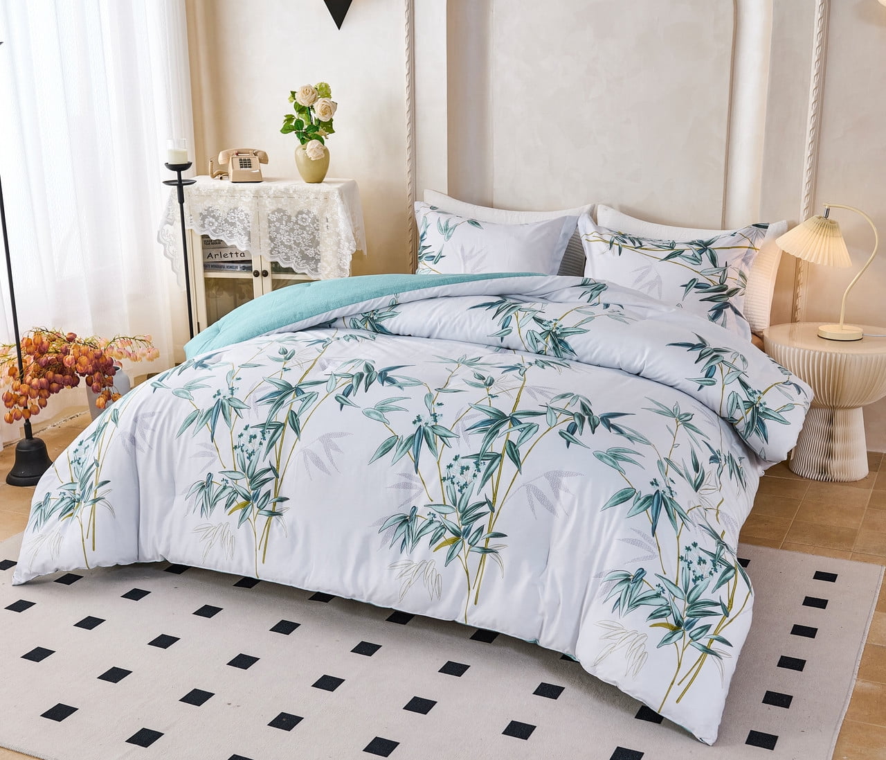 Koniroom 3Pcs Green Comforter Set Queen Size– Reversible Microfiber Bamboo Botanical Bedding in Mint & White