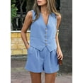 thumbnail image 4 of Women'S Summer 2 Piece Outfits Sleeveless Sets Button Down V Neck Vest Waistcoat and Pockets Shorts Light Blue L, 4 of 9