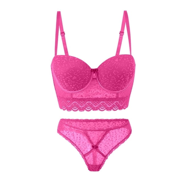 coordinado interior secret treasures para mujer, de encaje diseño animal print fucsia talla 38c conjunto de lencería rosa fucsia con brassiere de copa moldeada, tirantes elásticos ajustables con broche, banda inferior de encaje calado y pantaleta a juego sobre fondo blanco; suele usarse como conjunto cómodo para el día a día.