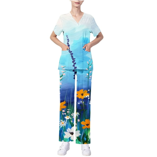 UPPADA Ensembles de Sarraus pour Femmes en Liquidation Liquidation Femmes Extensible Coloré Col en V Jogger Ensemble de Sarraus Uniforme d'Infirmière Manches Courtes Hauts de Sarrau et Pantalon Long à Jambe Grand Ensemble de Tenue avec Poches, Vêtements d'Infirmière