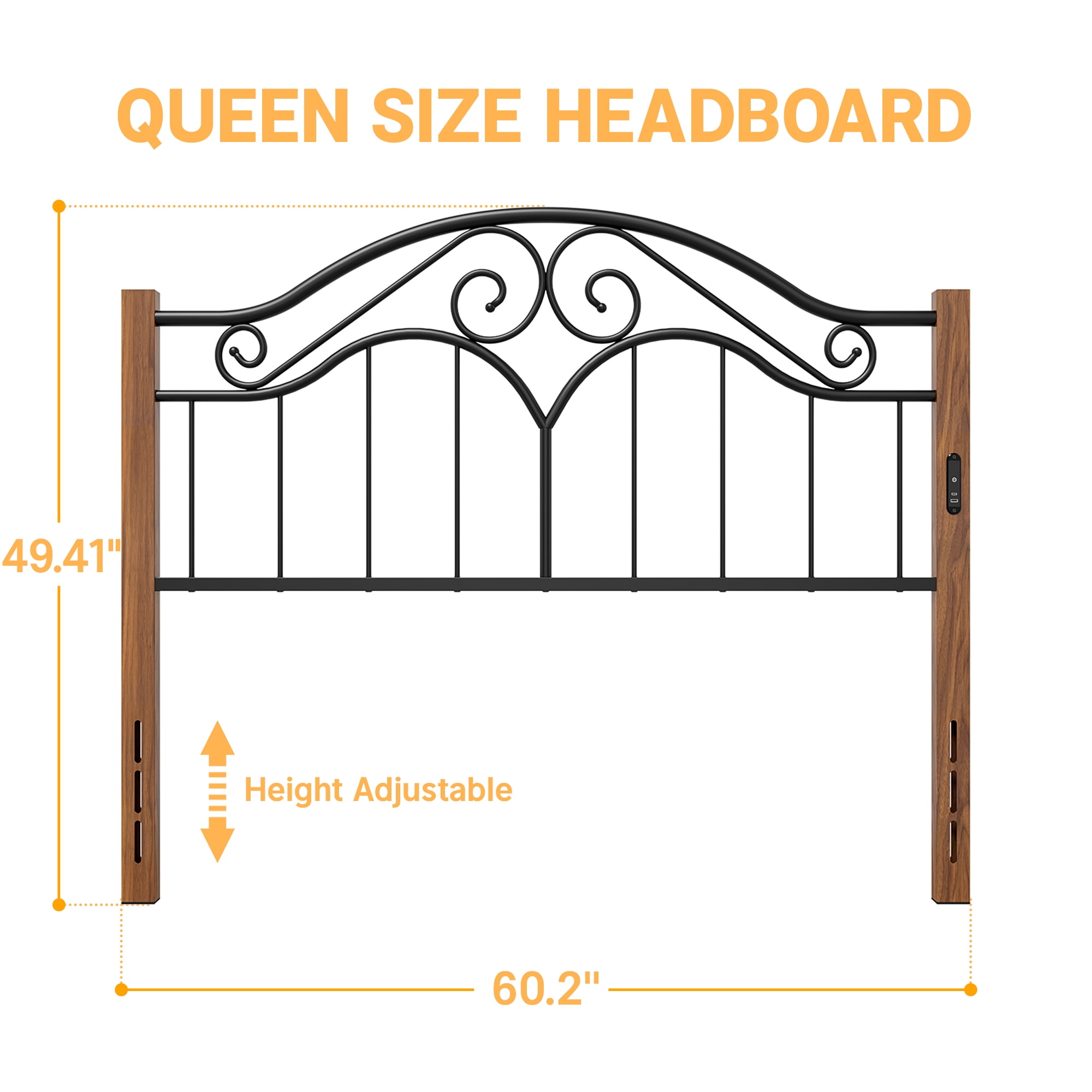 Yoneston Vintage Wood Grain Metal Queen Headboard with Charging and 3-Level Height Adjustment Design, Black