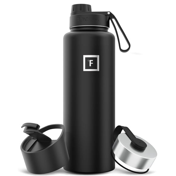 IRON °FLASK Frasco de hidratación para camping y senderismo con 3 tapas - Botella de agua de acero inoxidable, doble pared y aislada al vacío - A prueba de fugas y sin BPA (negro medianoche, boquilla