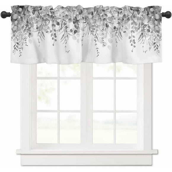 Curtain Valance for Windows Gray Eucalyptus Rod Pocket Valance Window Treatments 1 Panel Watercolor Leaves Short Curtains for Kitchen Windows Bathroom Bedroom 54 x 18 inch