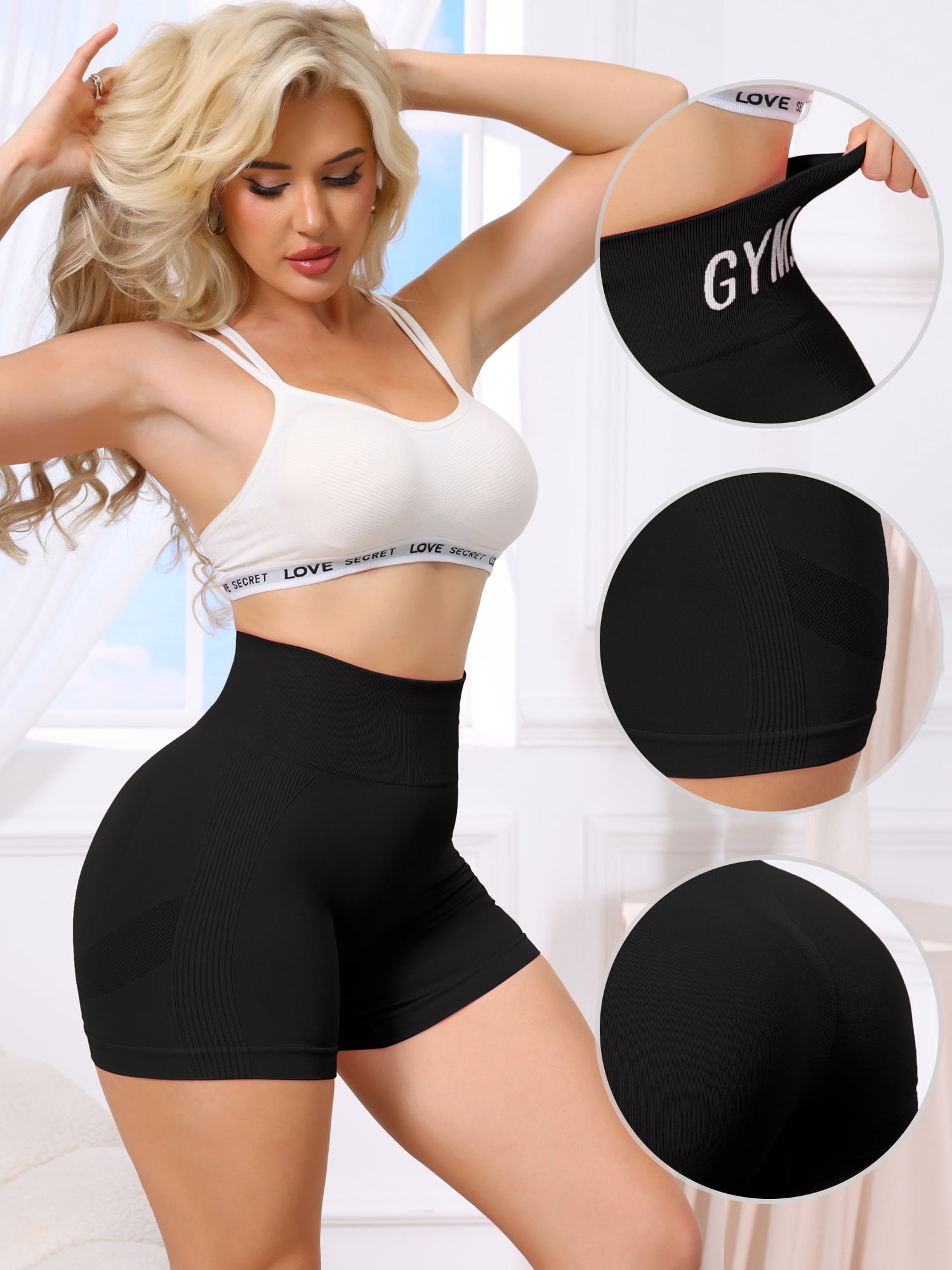 DARING DIVA Women's Letter Print High Waisted Workout Yoga Shorts M Black