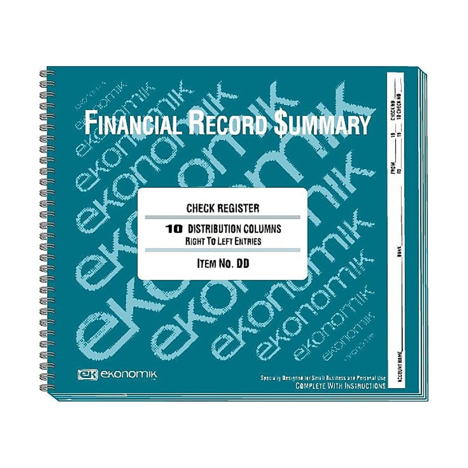 Ekonomik Check Register Forms 40 Sheet(s) - Wire Bound - 10" x 8 3/4" Sheet Size - 10 Columns per Sheet - White Sheet(s) - Green Print Color - Recycled - 1 Each