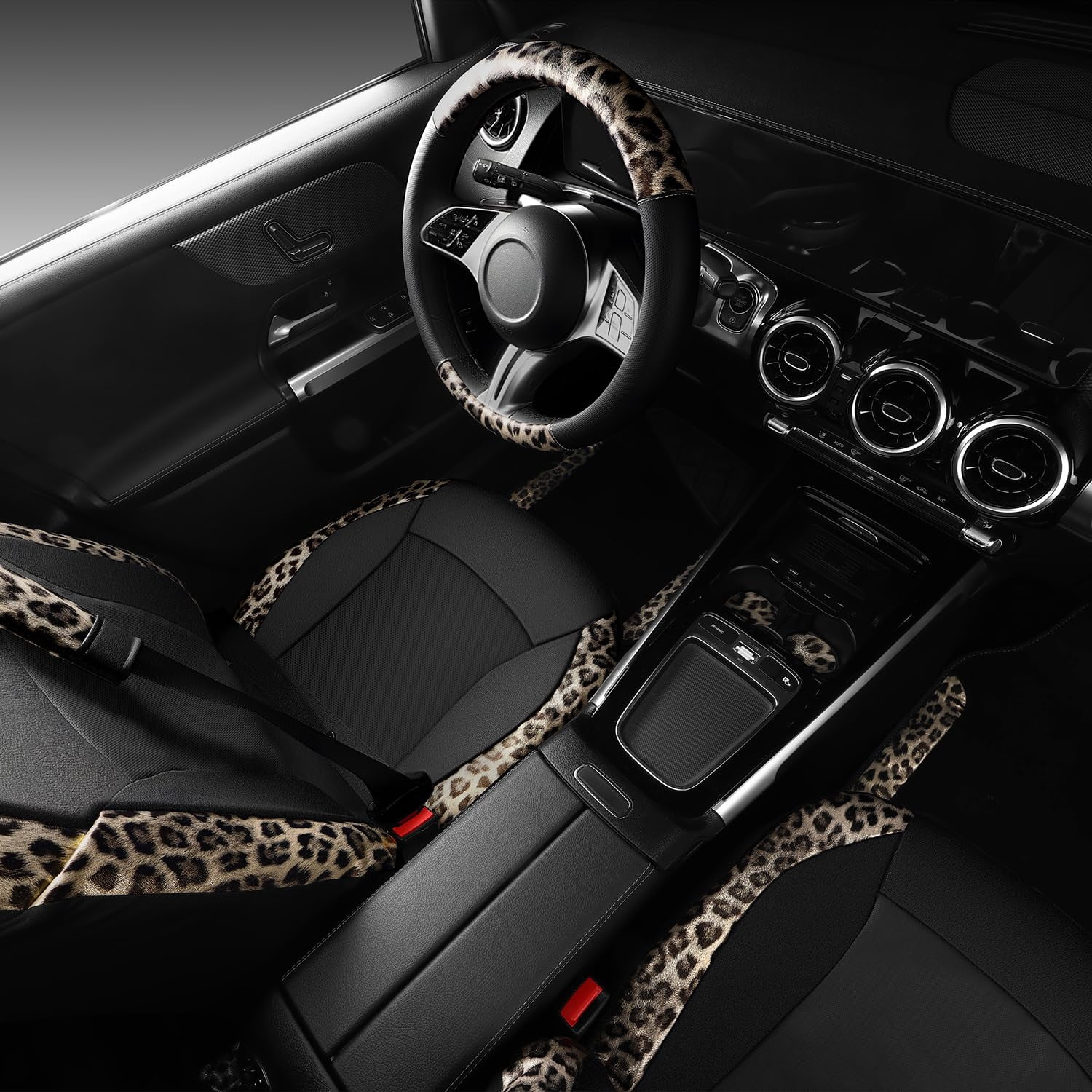 CAR PASS Leopard Print Faux Leather Car Seat Covers & Leopard Car Mats&Leopard Steering Wheel Cover Seat Belt Pad Universal Car Accessories for SUV,Van,Saden,Truck Automobile Interior Sets