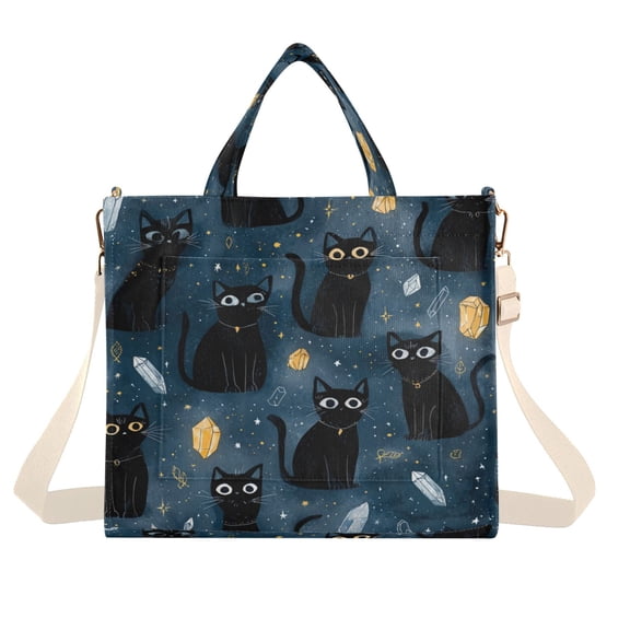 Corduroy Tote Bag for Women Shoulder Handbags Fashion Ladies Purses Satchel Messenger Bags Black Cats and Mystical Symbols S