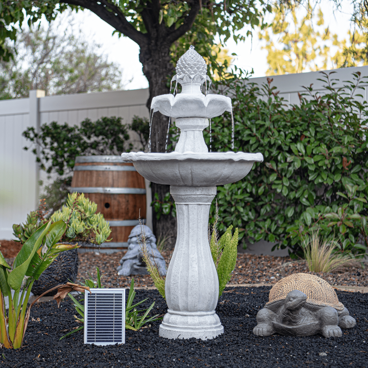 XBrand 44" H White Fiberglass/Resin 2-Tier Solar Water Fountain w/ Solar Panel and Auto-Shut Off Pump, Solar Garden Fountain, Tall Outdoor Fountain, Two Tiered Birdbath Fountain
