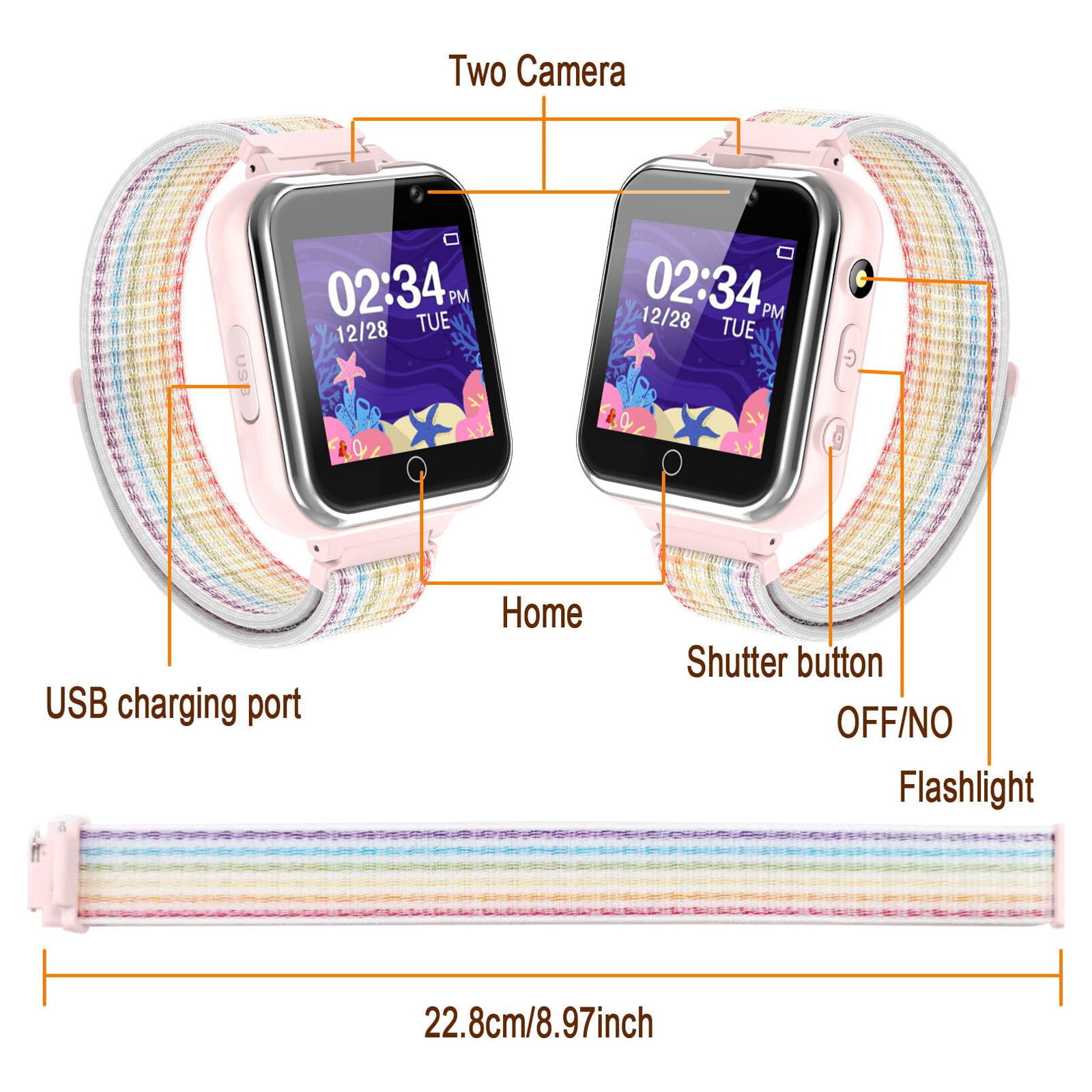 PTHTECHUS 1.54" Smart Watch for Boys Girls Smartwatch for Kids with Dual Camera Games Pedometer Video MP3 Flashlights Calculator Alarm Clock Children Touch Screen Pink