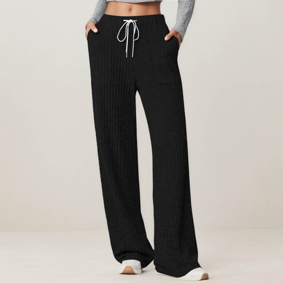 Wide Leg Lounge Pants for Women Black Pants Women Elastic Waist Drawstring Pants Pull on Pants Summer Clothes